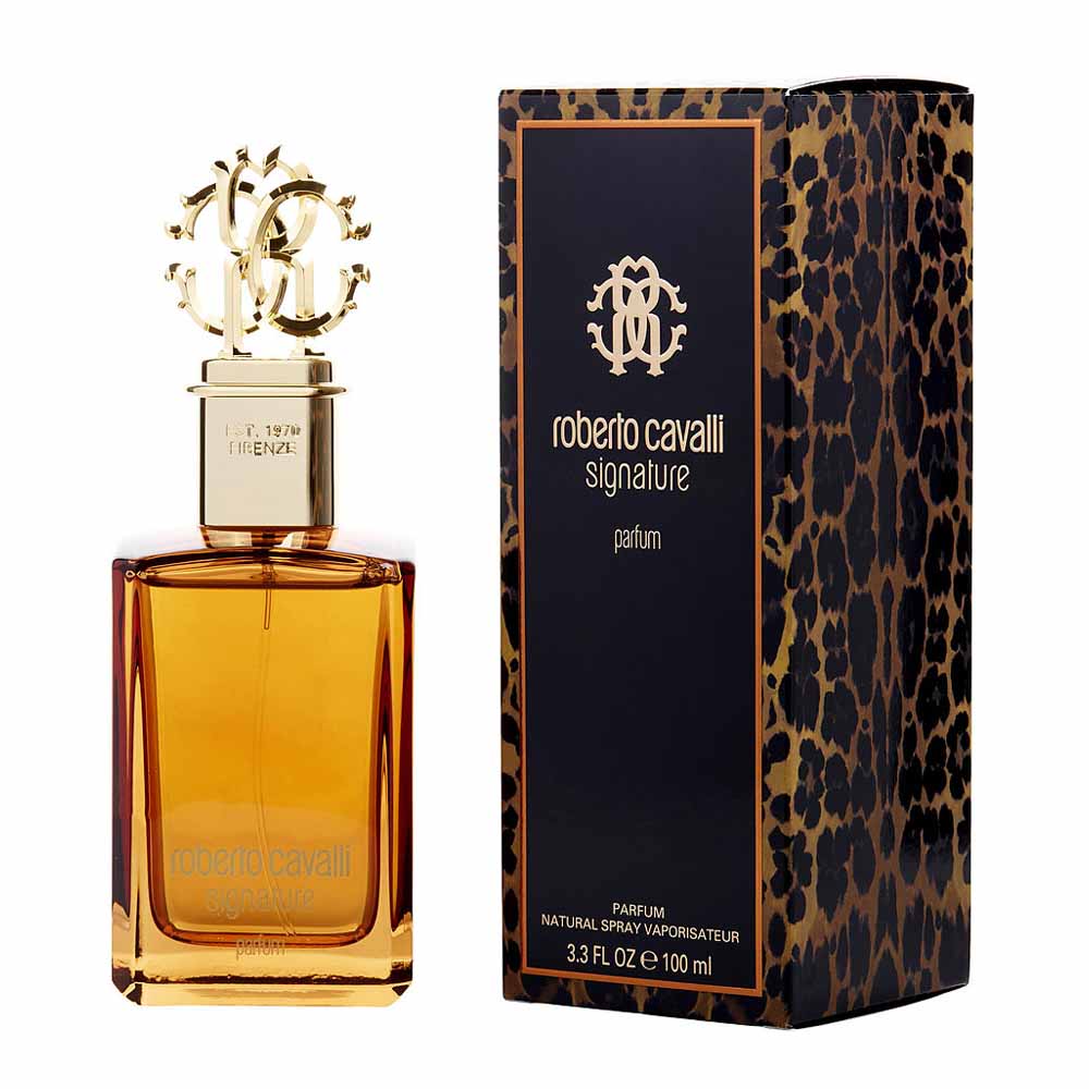 Roberto Cavalli Signature Eau de Parfum 100ml bottle with sculptural glass and logo cap