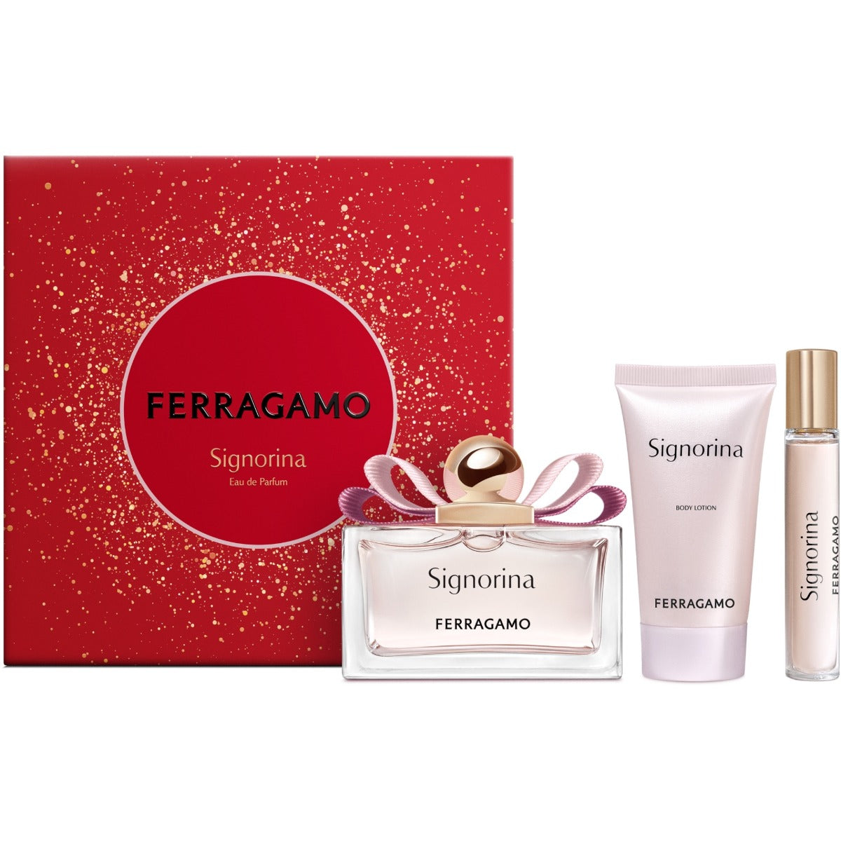 Salvatore Ferragamo Signorina EDP set with 100ml and 15ml bottles and matching body lotion in signature red packaging