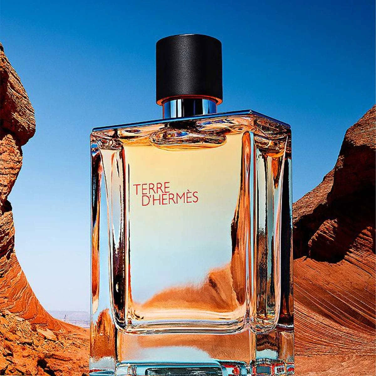 A bottle of Terre d'Hermès perfume stands centered between red rock desert formations under a clear blue sky. The bottle is transparent glass with warm amber liquid inside and a black cylindrical cap.
