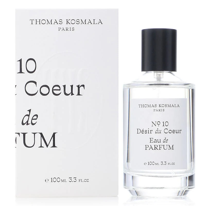 Thomas Kosmala Paris No 10 Désir du Coeur Eau de Parfum bottle with a black cap next to its white packaging box.
