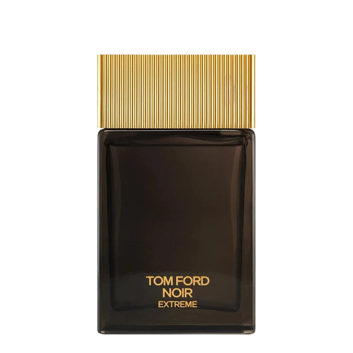 Tom Ford Noir Extreme perfume bottle, featuring a dark brown rectangular glass bottle with a textured gold cap and gold lettering on the front.