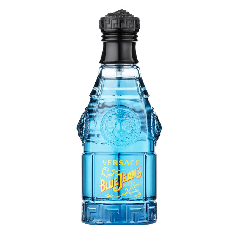 Versace Blue Jeans Eau de Toilette bottle in translucent light blue glass with a black cap and gold lettering, shown on a plain white background.
