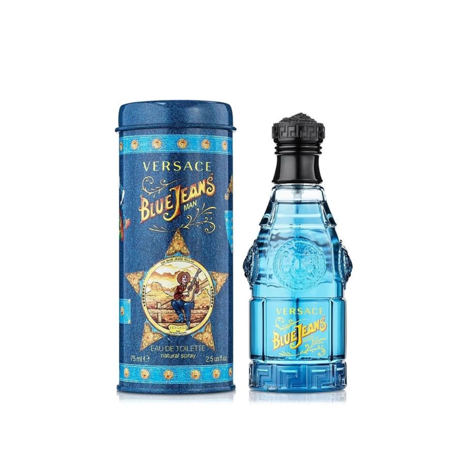 Versace Blue Jeans perfume bottle and packaging on a white background