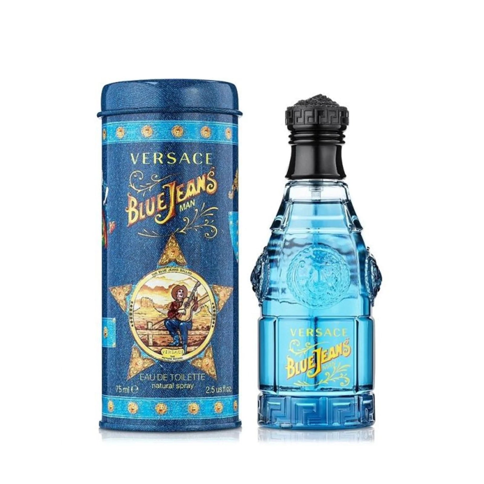 Versace Blue Jeans perfume bottle and packaging on a white background