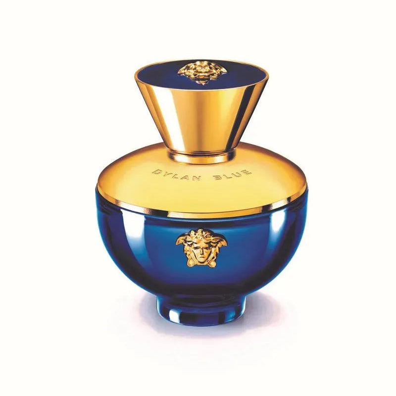 Blue and gold perfume bottle with 'Dylan Blue' branding on a white background