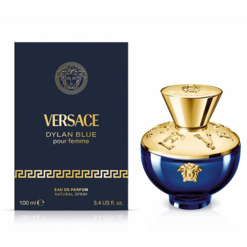 Versace Pour Femme Dylan Blue Eau de Parfum 100ml bottle in blue and gold packaging
