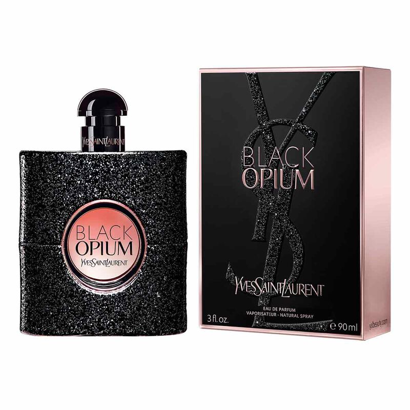 Yves Saint Laurent Black Opium perfume bottle and packaging on a white background