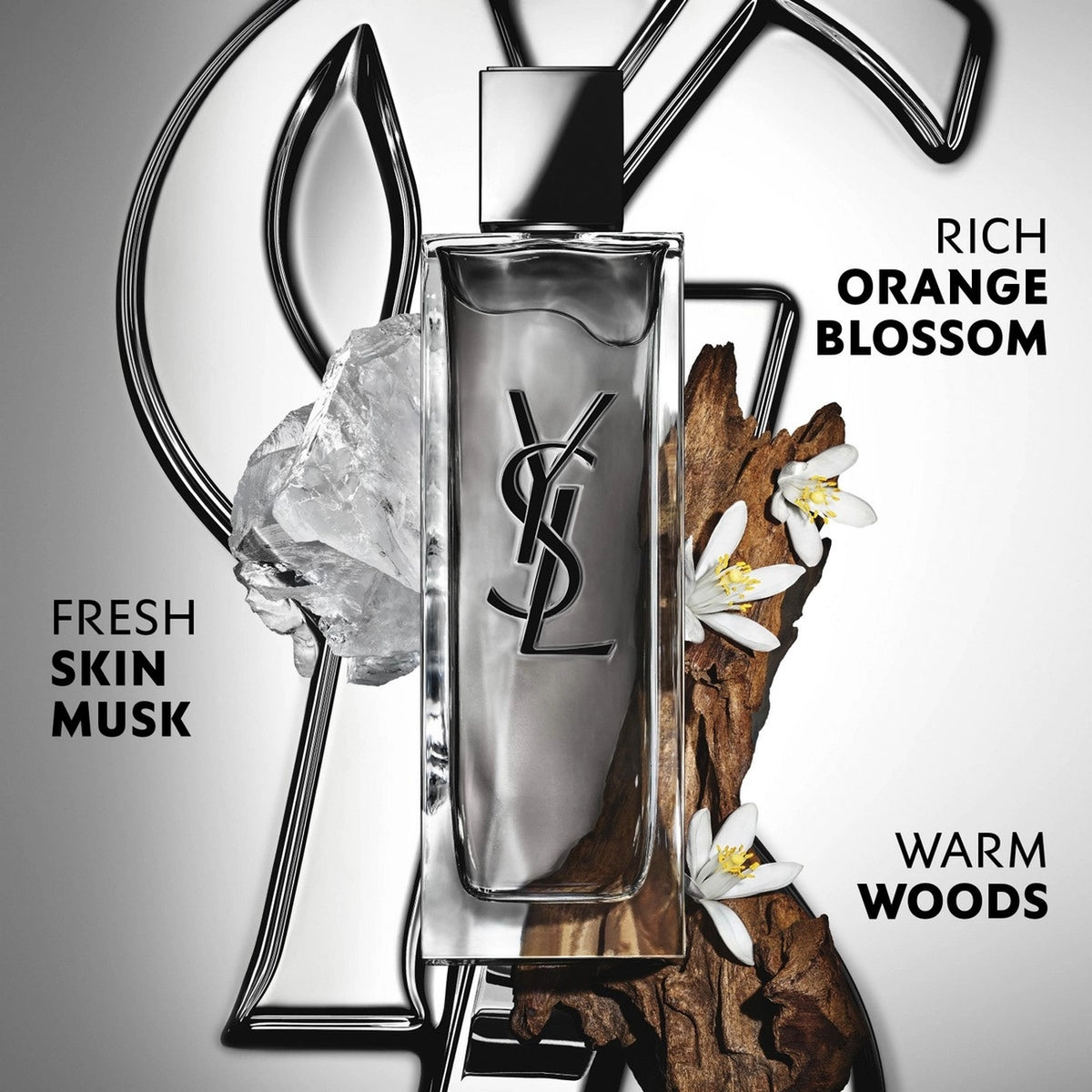 YSL perfume bottle with floral, woody and musk elements and descriptive text on a gray background