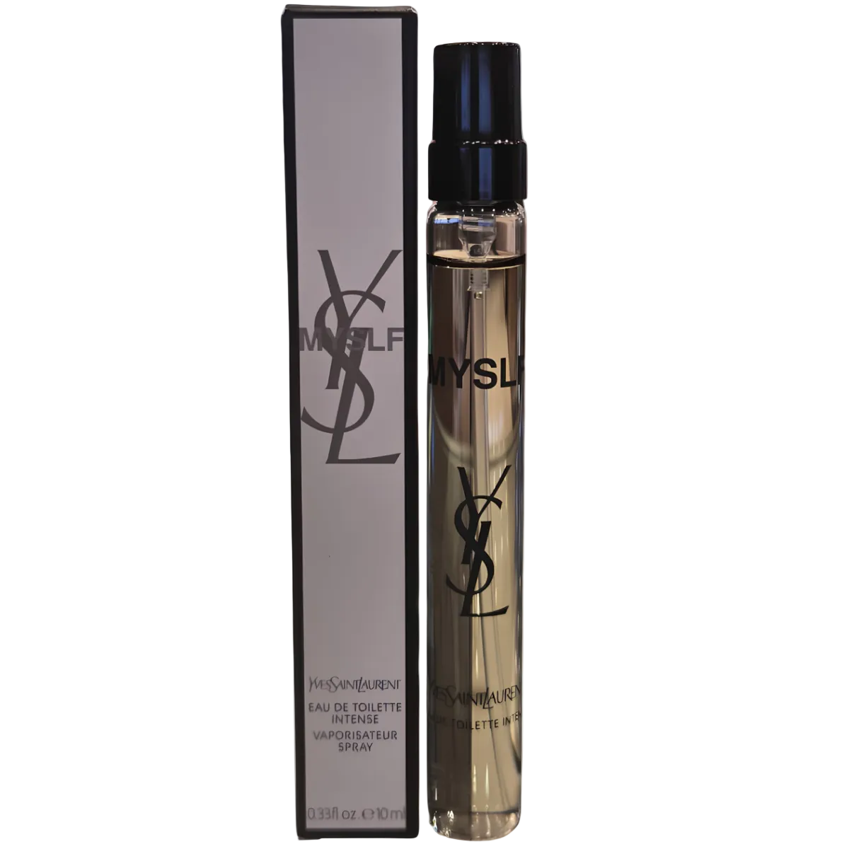 YSL Eau de Toilette Intense spray bottle and its matching black and silver packaging box, featuring the iconic YSL monogram logo.