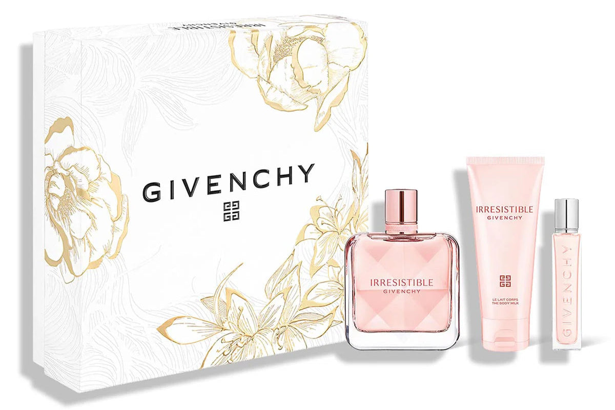 Givenchy Irresistible Eau De Parfum 80ml, 12.5ml travel spray, and 75ml body milk gift set in elegant packaging