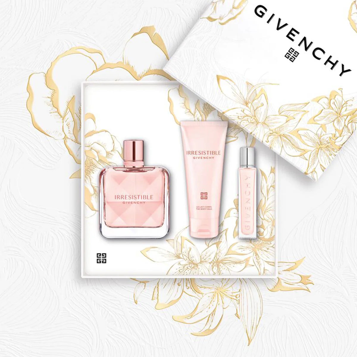 Givenchy Irresistible Eau De Parfum 80ml, 12.5ml travel spray, and 75ml body milk gift set in elegant packaging