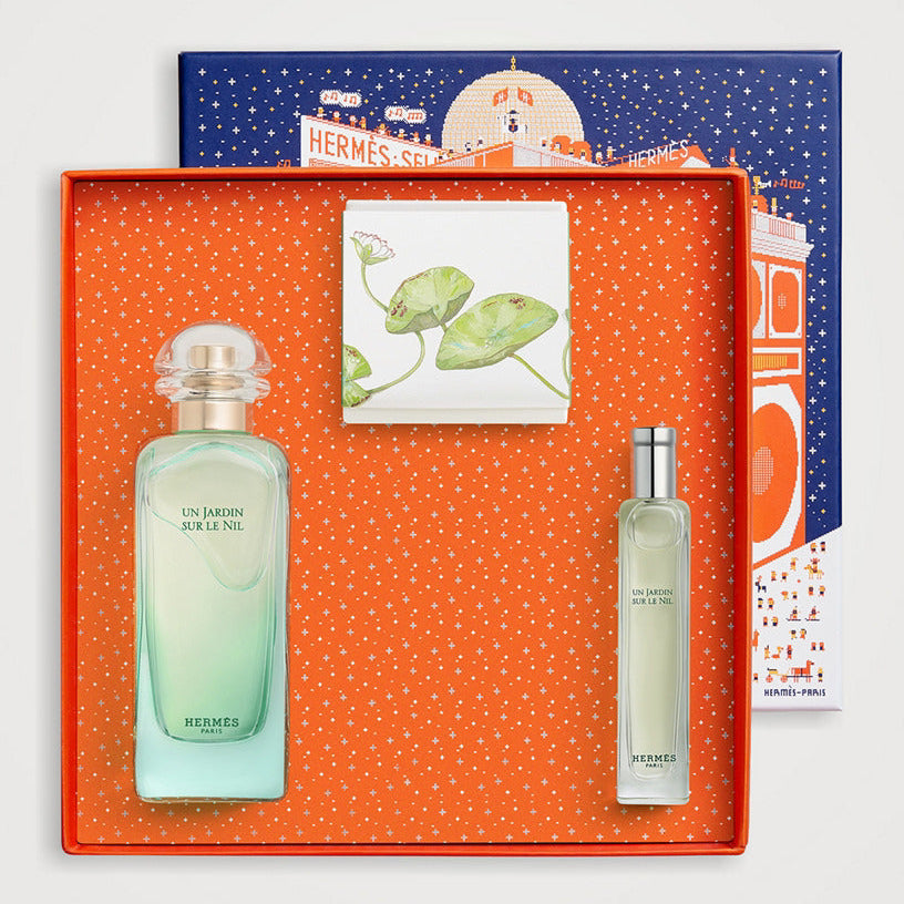 Hermès Un Jardin Sur Le Nil Eau de Toilette 100ml gift set with 15ml travel spray and 50g soap