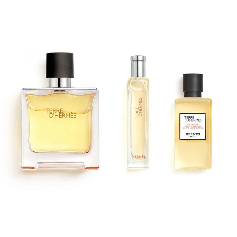 Hermès Terre d'Hermès Parfum gift set with 75ml and 15ml bottles and 40ml hair and body shower gel in the signature deep orange H bottle