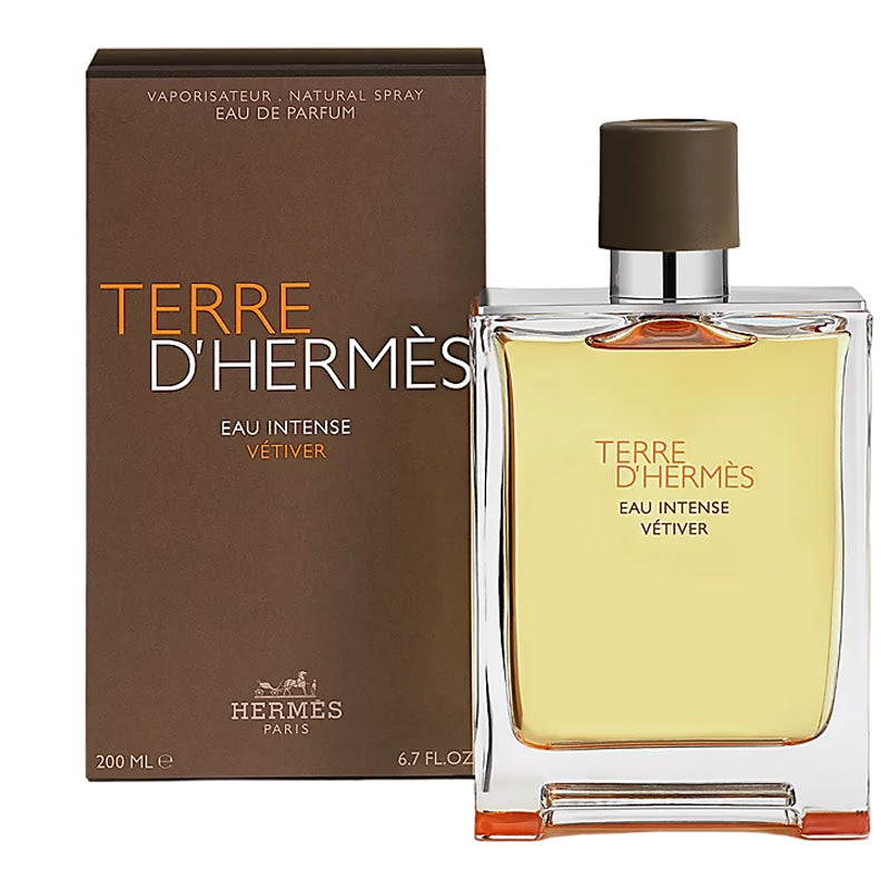 Hermès Terre d'Hermès Eau Intense Vétiver Eau de Parfum 200ml in the signature orange H bottle with warm brown leather-hued cap and metal shoulders