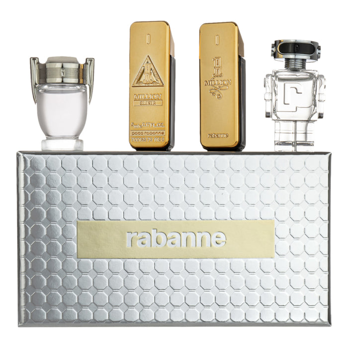 Paco Rabanne men's miniature gift set featuring four 5ml flacons — 1 Million EDT, 1 Million Elixir Parfum Intense, Invictus EDT and Phantom EDT