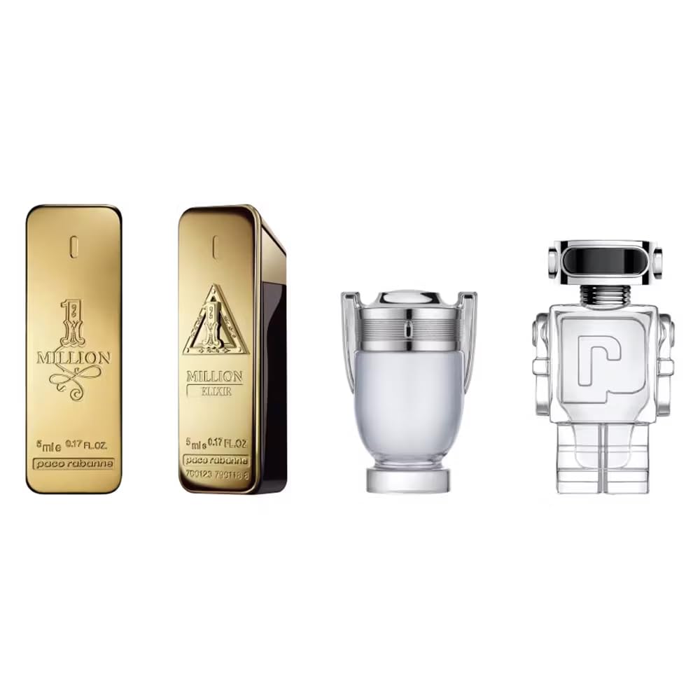 Paco Rabanne men's miniature gift set featuring four 5ml flacons — 1 Million EDT, 1 Million Elixir Parfum Intense, Invictus EDT and Phantom EDT