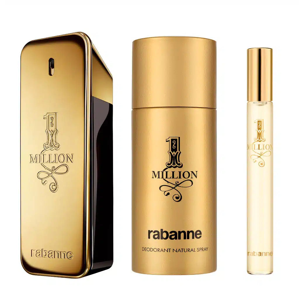 Close up of Paco Rabanne 1 Million Eau De Toilette Gift Set with 100ml fragrance, 150ml deodorant spray, and 10ml travel spray in iconic gold-bar design