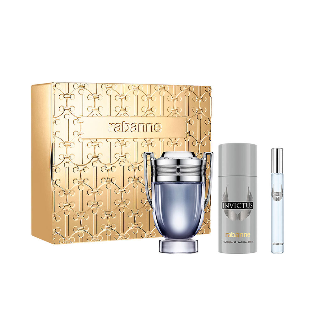 Paco Rabanne Invictus Eau De Toilette Gift Set with 100ml fragrance, 150ml deodorant spray and 10ml travel spray