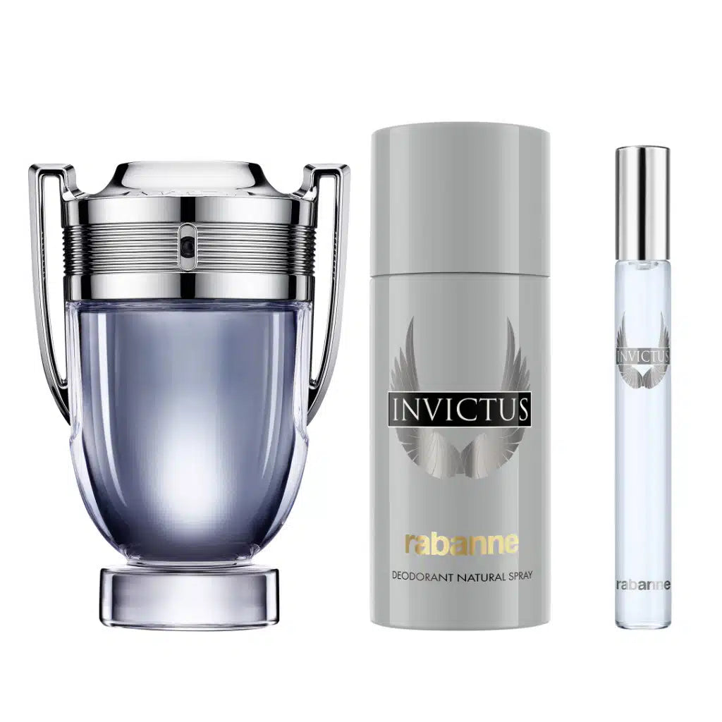 Close up of Paco Rabanne Invictus Eau De Toilette Gift Set with 100ml fragrance, 150ml deodorant spray and 10ml travel spray