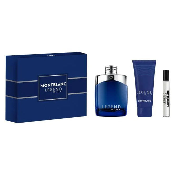 Mont Blanc Legend Blue Eau De Parfum gift set with 100ml perfume bottle, 7.5ml travel spray, and 100ml shower gel in elegant packaging