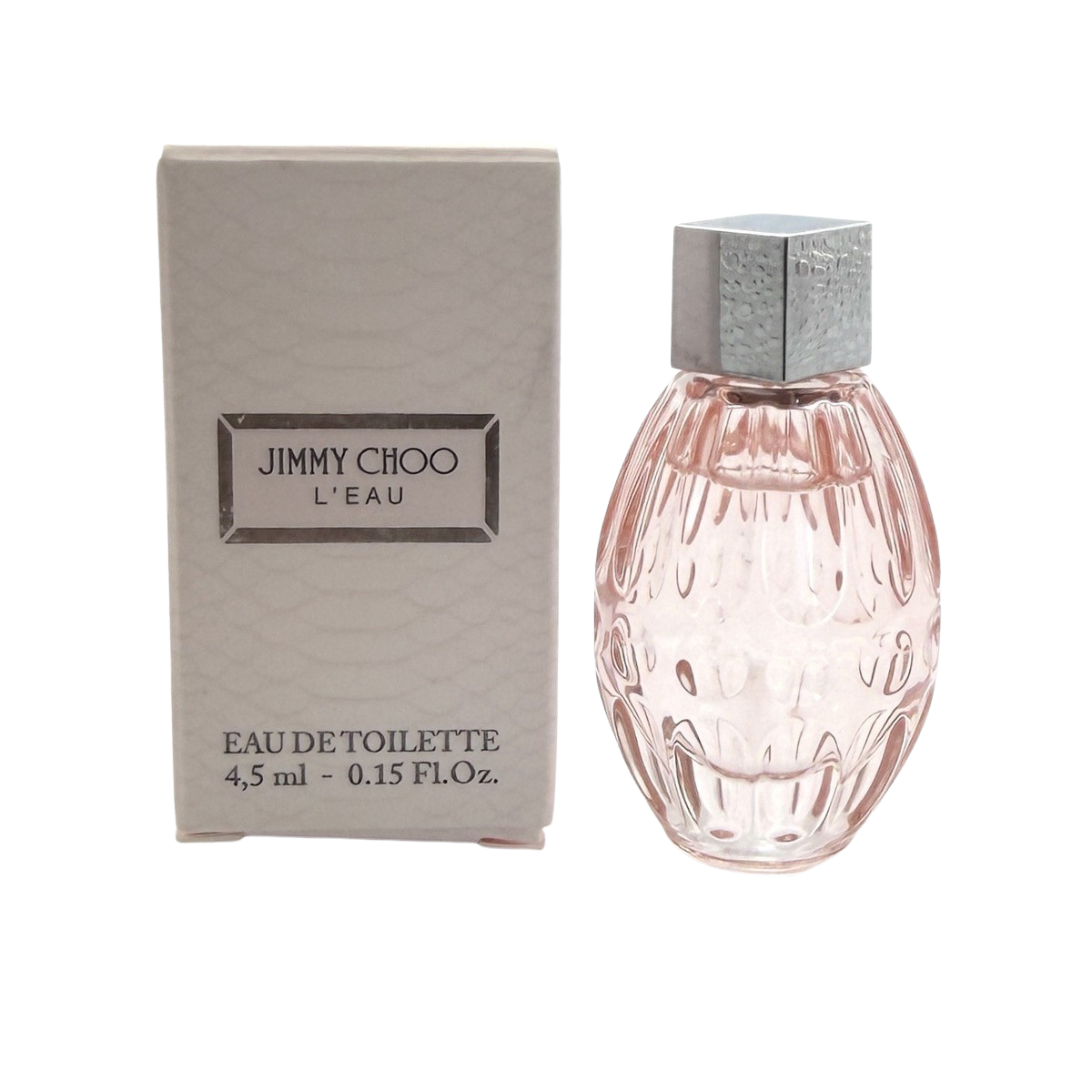 Jimmy Choo L'Eau Eau de Toilette 4.5ml dab-on in a delicate transparent glass bottle with soft pink fragrance and silver details
