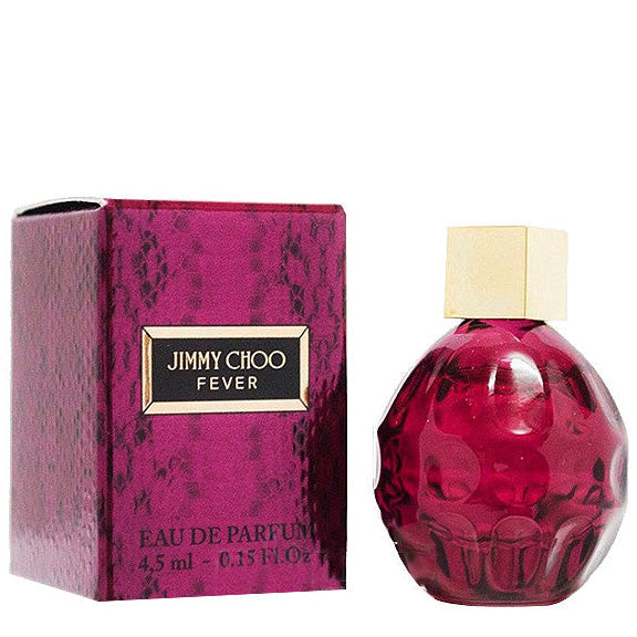 Jimmy Choo Fever 4.5ml dab on bottle and packaging on a white background