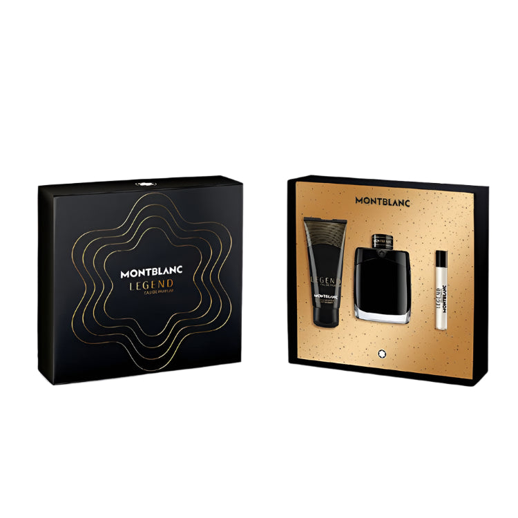 Montblanc Legend perfume set with black and gold packaging on a white background
