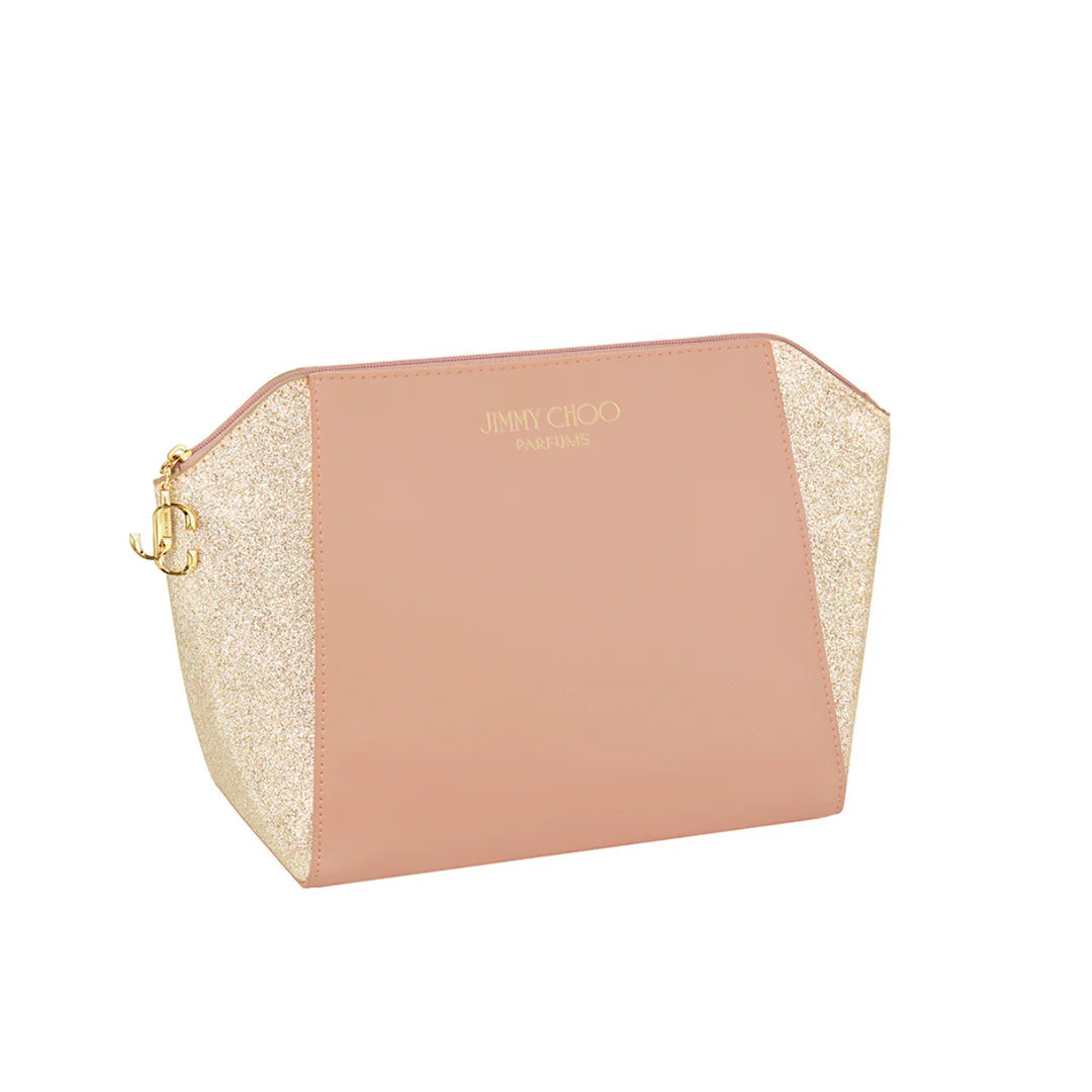 Jimmy Choo makeup pouch in soft blush pink, shimmer gold luxury with chic JC zip