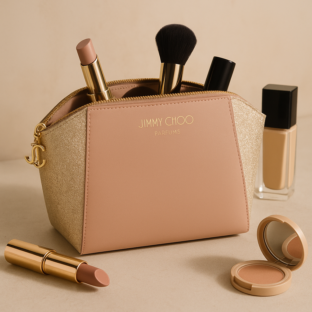 Jimmy Choo makeup pouch with makeup items including a lipstick, brush, and foundation