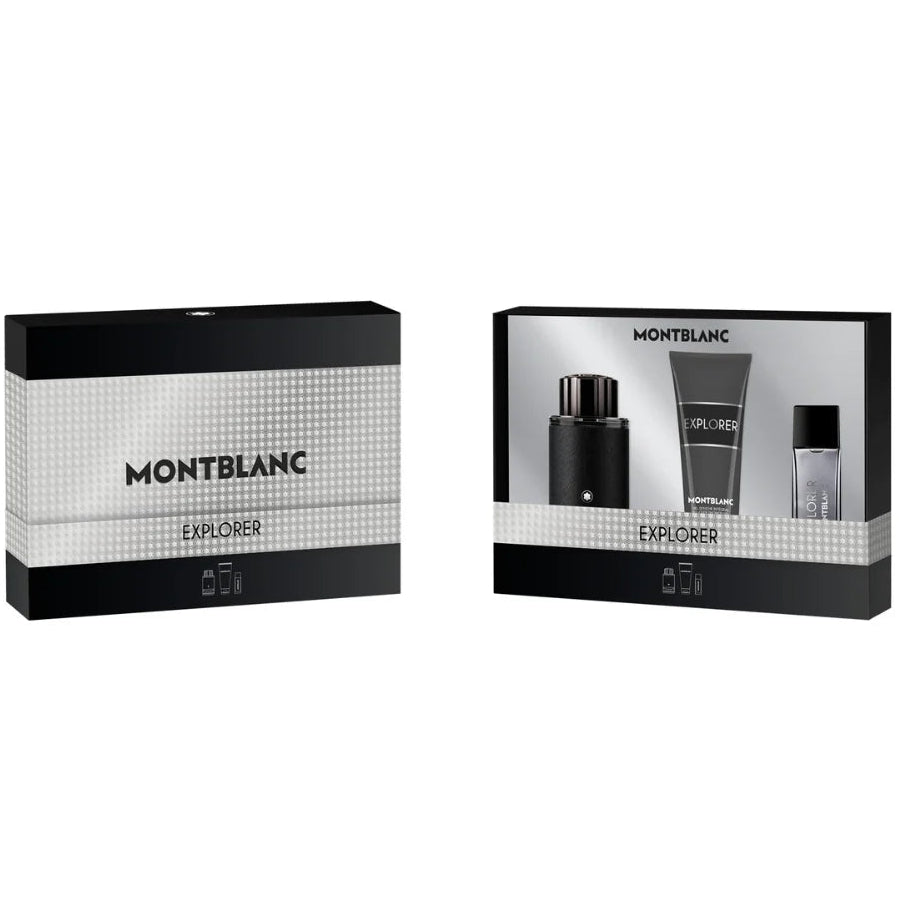 Montblanc Explorer Eau de Parfum gift set with 100ml and 15ml bottles and 100ml shower gel in sleek black Montblanc packaging