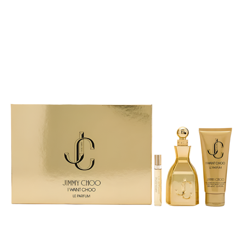 Jimmy Choo I Want Choo Le Parfum set with gold packaging