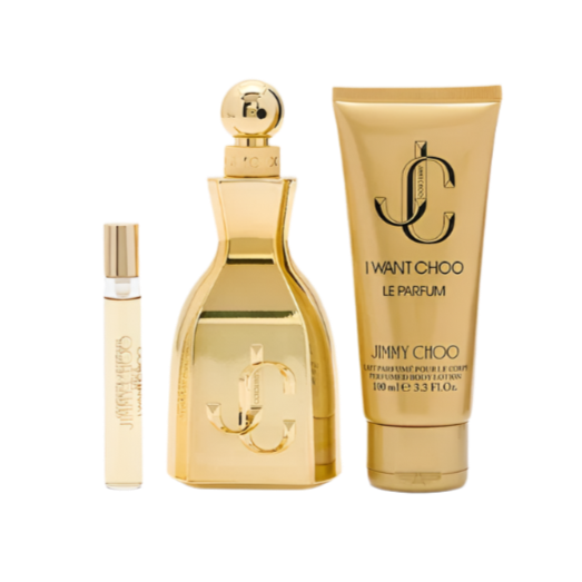 Jimmy Choo I Want Choo Le Parfum set with gold packaging