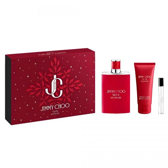 Jimmy Choo Man Extreme Eau de Parfum gift set with 100ml and 7.5ml in the iconic scarlet lacquer flask with crocodile-print leather cap and 100ml shower gel