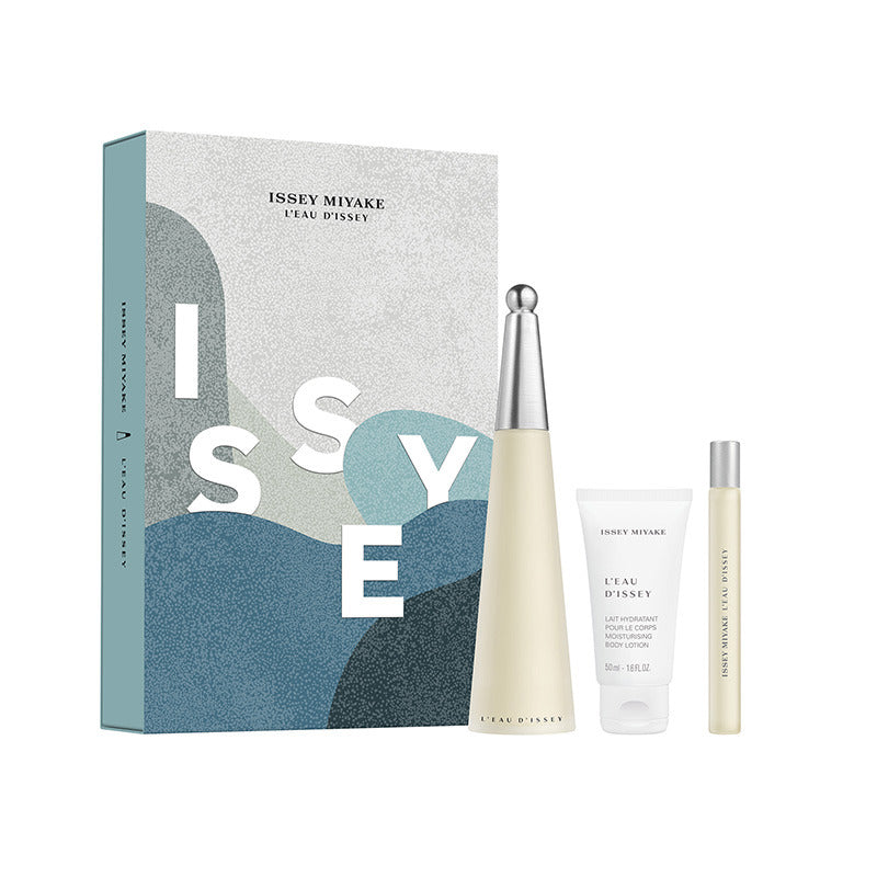 Issey Miyake L'Eau d'Issey Eau de Toilette gift set with 100ml and 10ml in the iconic cone-shaped bottle with spherical metal cap and matching 50ml body lotion