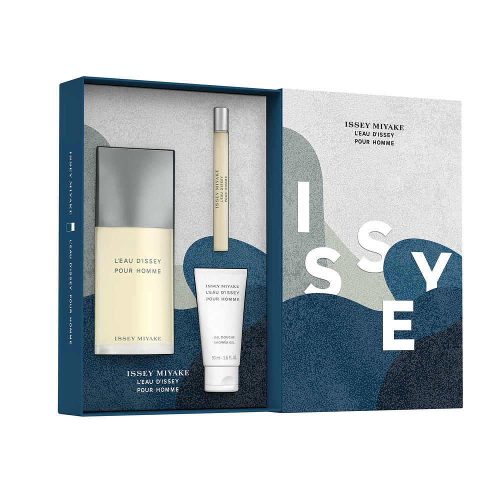 Issey Miyake L'Eau d'Issey Pour Homme gift set with 125ml and 10ml EDT bottles and 50ml shower gel in the iconic monolithic rectangular glass bottle with grey cap