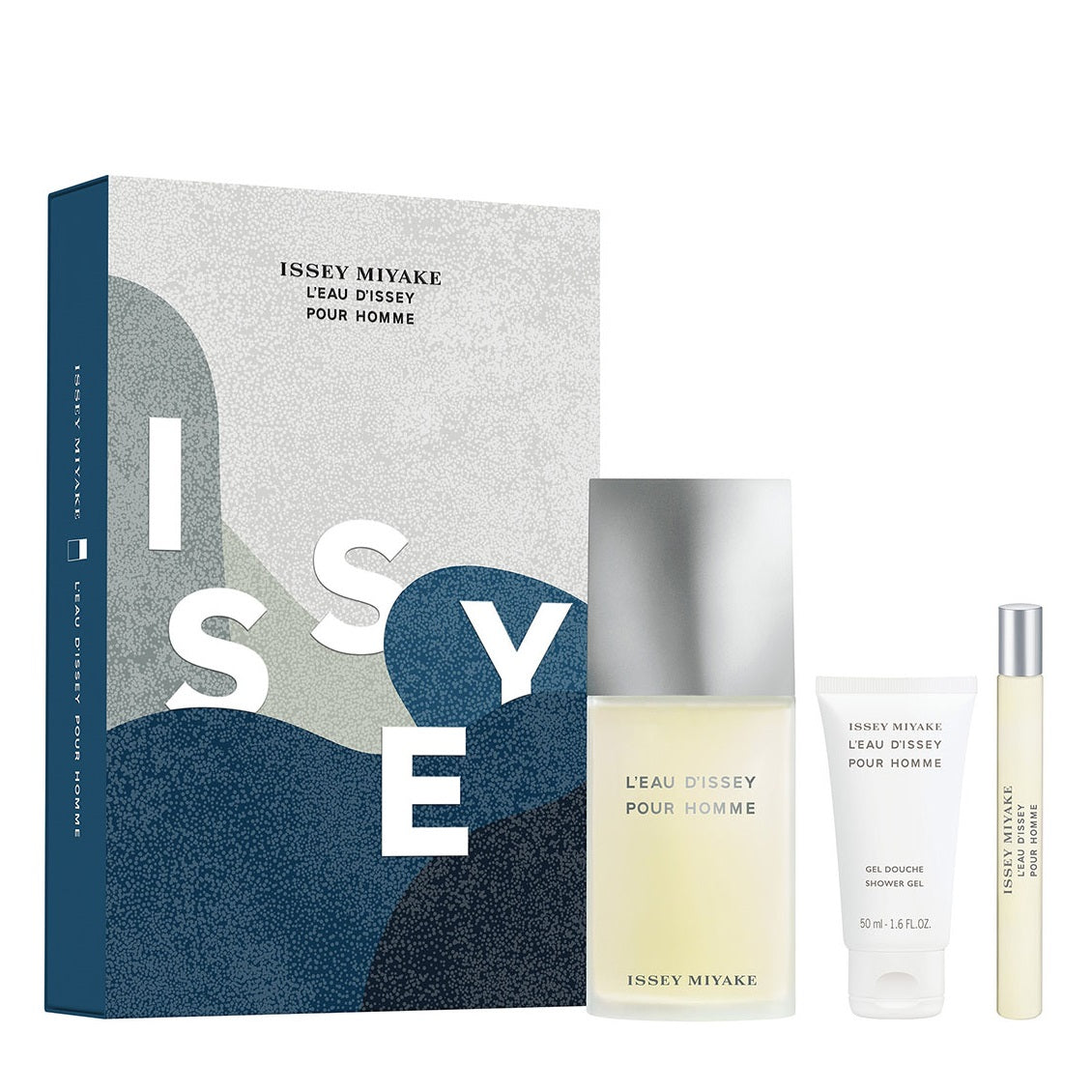 Issey Miyake L'Eau d'Issey Pour Homme gift set with 125ml and 10ml EDT bottles and 50ml shower gel in the iconic monolithic rectangular glass bottle with grey cap