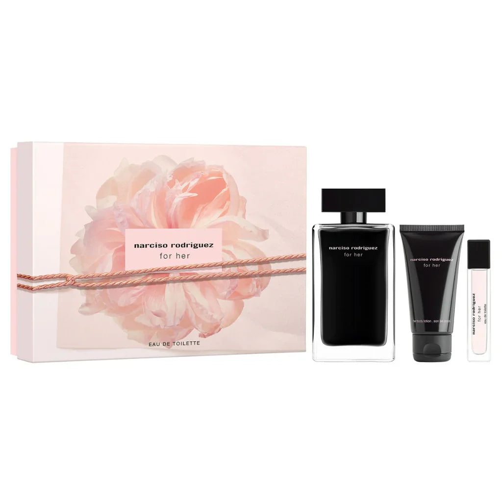 Narciso Rodriguez For Her Eau de Toilette gift set with 100ml and 10ml in the iconic black architectural flacon with pale pink packaging and matching body lotion