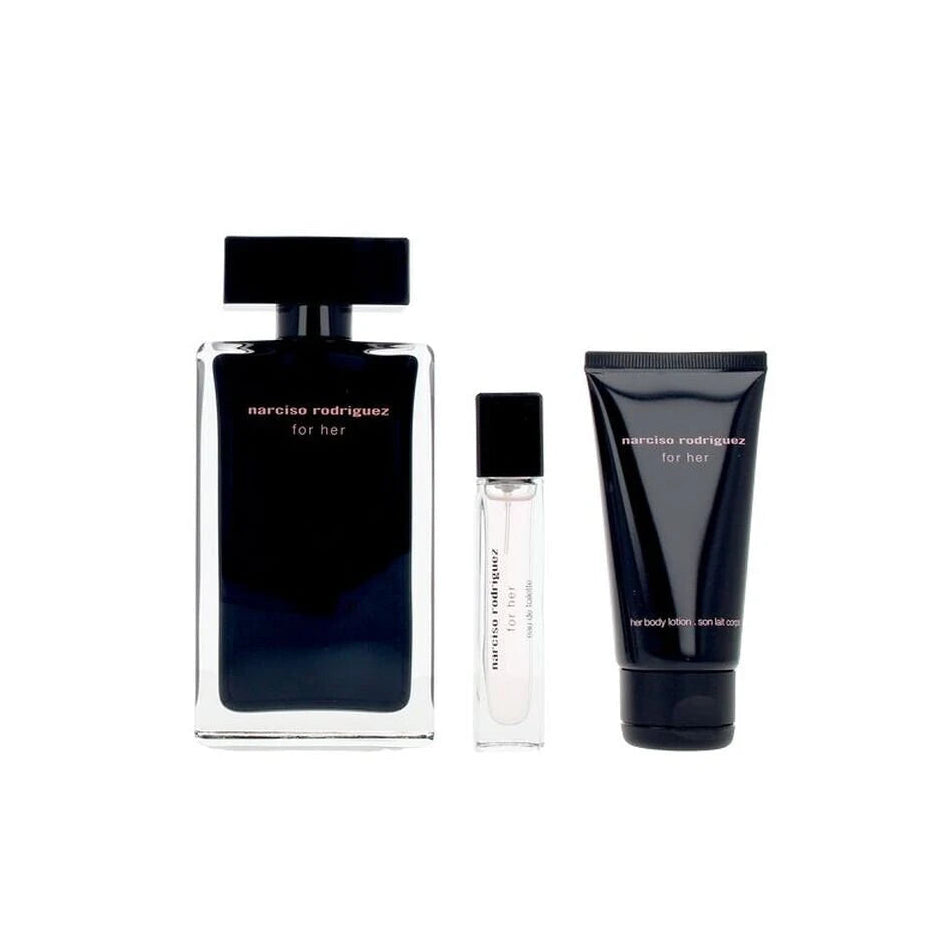 Narciso Rodriguez For Her Eau de Toilette gift set with 100ml and 10ml in the iconic black architectural flacon with pale pink packaging and matching body lotion