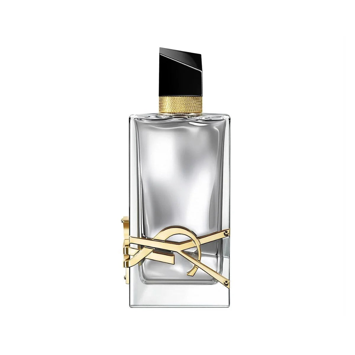 YSL Libre L'Absolu Platine Parfum 90ml in the iconic metallic platinum-toned jewel-like bottle with gold YSL logo and black cap