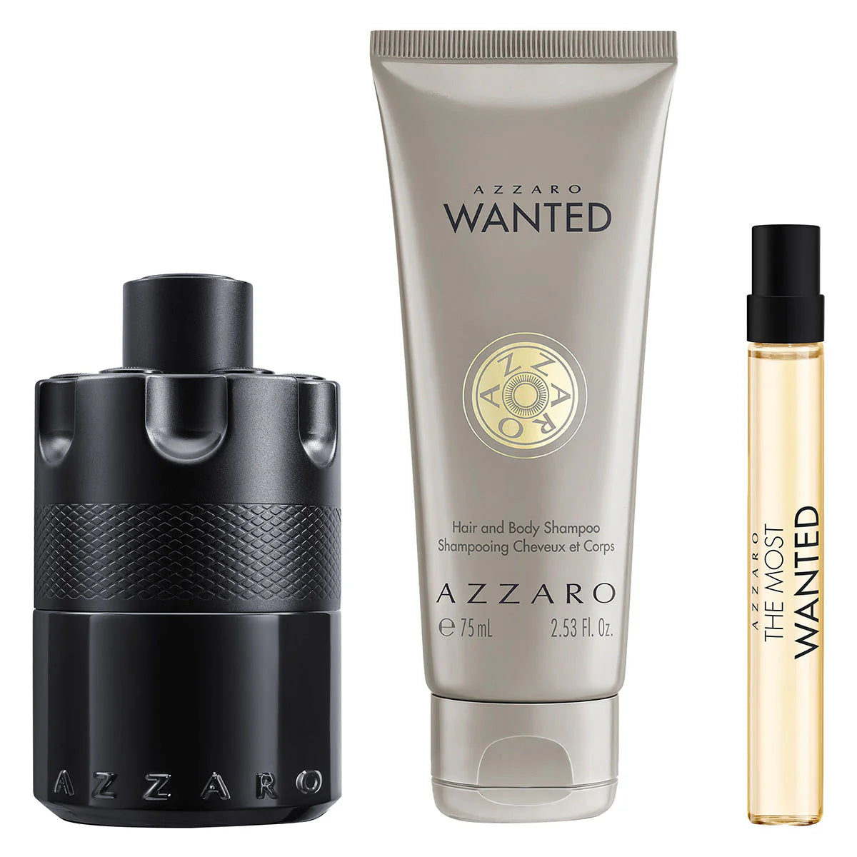 Azzaro The Most Wanted Eau De Parfum Intense 100ml 10ml and Hair Body Shampoo 75ml on a white background