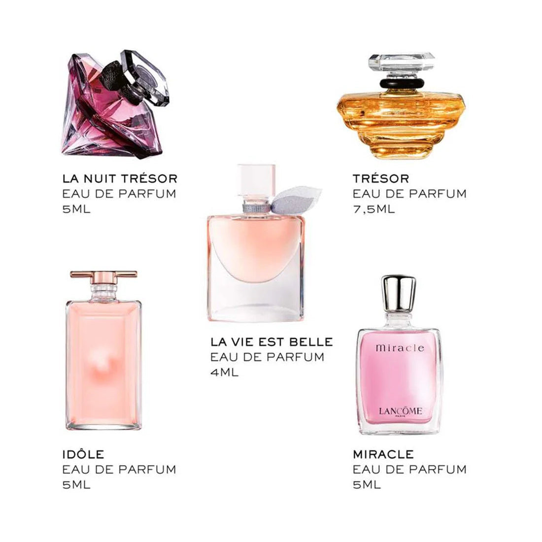 Lancôme women miniature perfume set with Trésor, Idôle, La Nuit Trésor, Miracle, and La Vie Est Belle mini bottles.