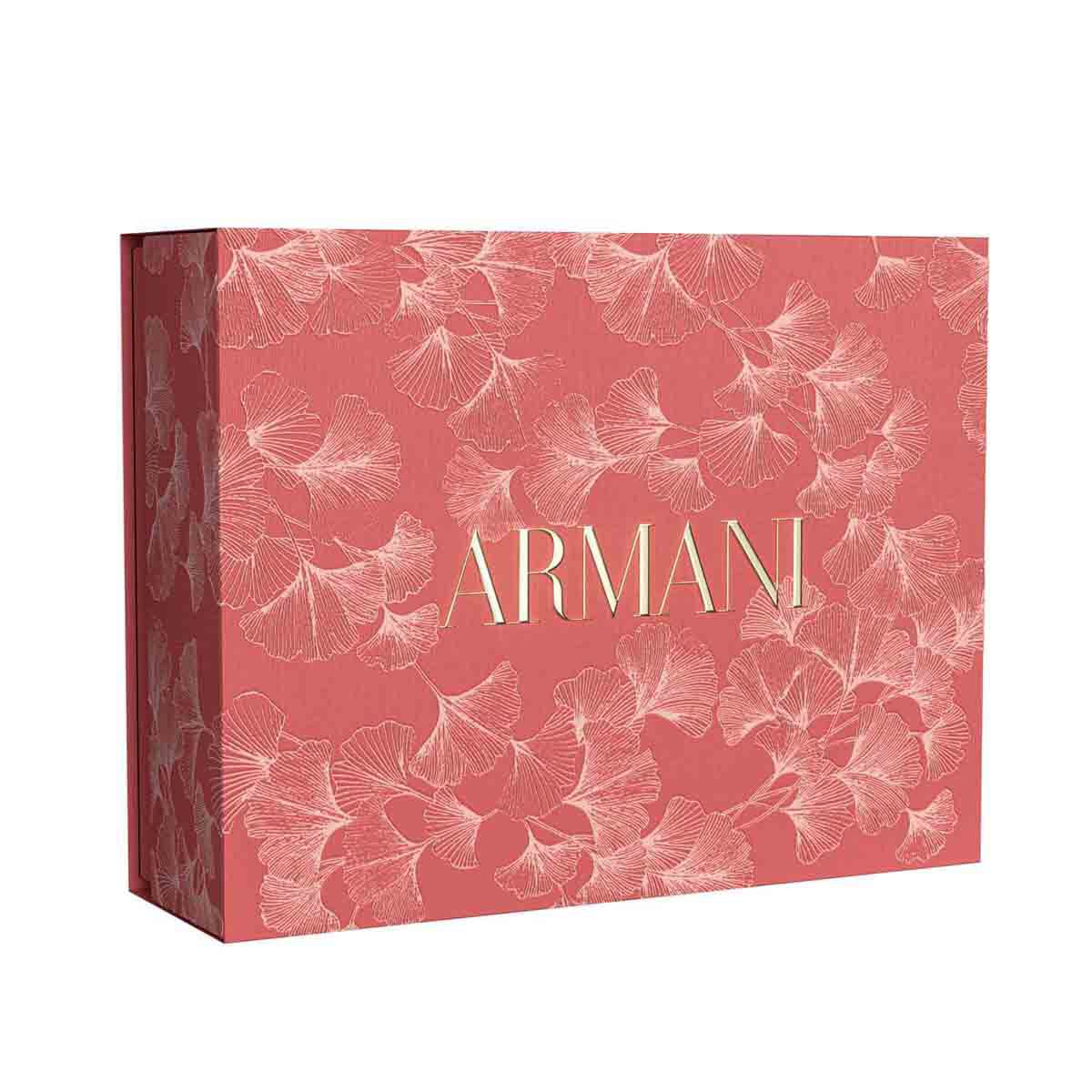 Red Armani box with white floral pattern