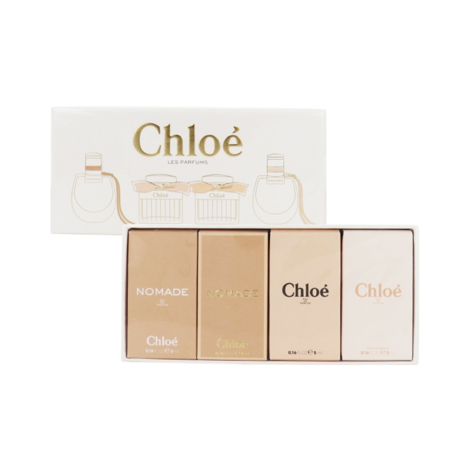Chloe miniature set collection with packaging on a white background