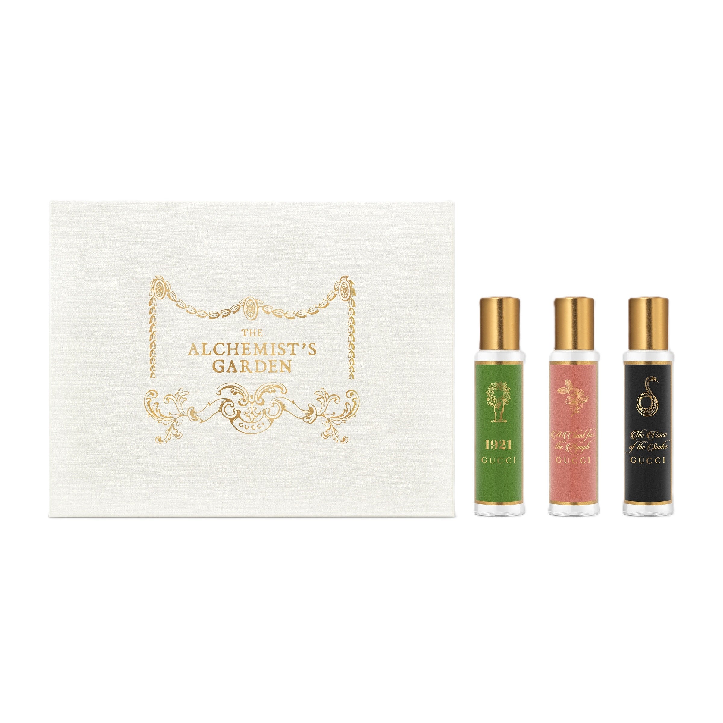 Gucci The Alchemist's Garden miniature set with three 15ml lacquered glass flacons — 1921, A Chant for the Nymph and The Voice of the Snake