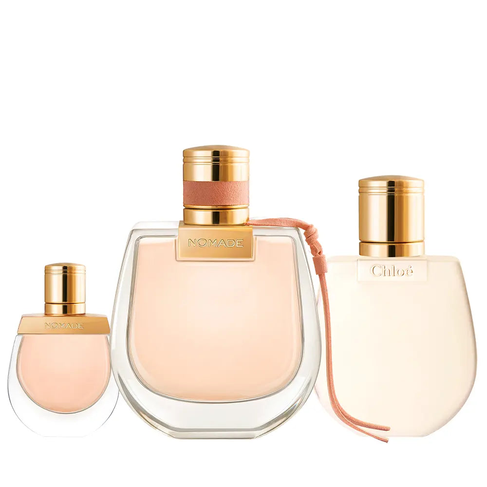 Chloe Nomade gift set featuring a 75ml Eau De Parfum bottle, 5ml travel spray, and 100ml body lotion displayed together