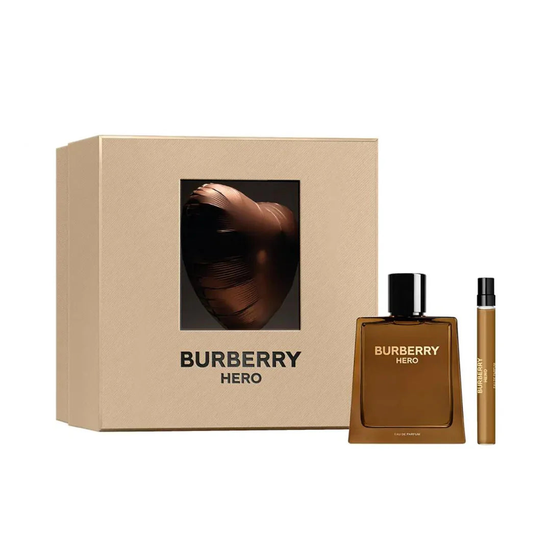 Burberry Hero perfume set with a large bottle and smaller travel-sized bottle