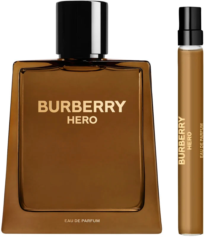 Burberry Hero Eau de Parfum set with travel perfume on a white background