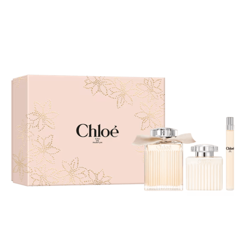 Chloé Eau de Parfum gift set with 100ml bottle, 10ml spray and 100ml body lotion in the iconic pleated glass bottle with hand-tied ribbon
