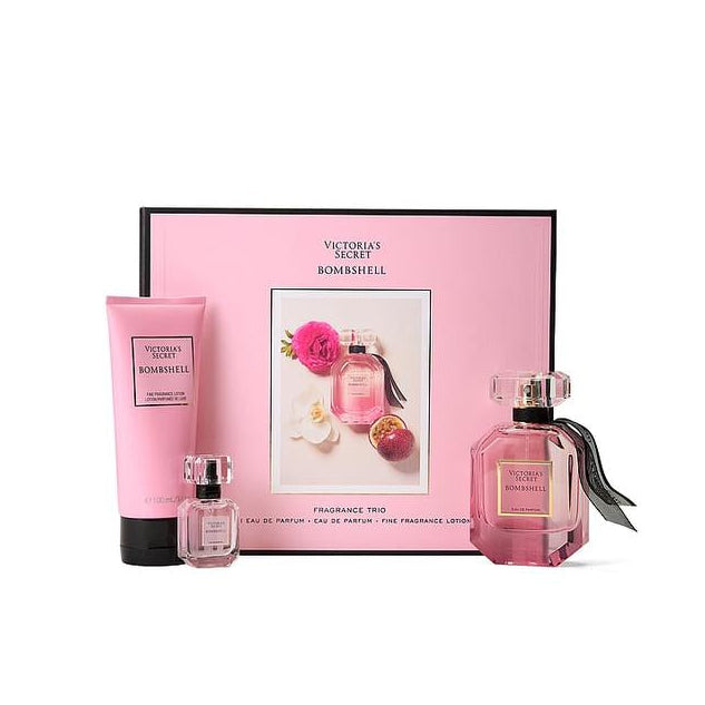 Victoria's Secret Bombshell Eau de Parfum gift set with 50ml bottle, 7.5ml travel spray and 100ml fine fragrance lotion in signature pink packaging