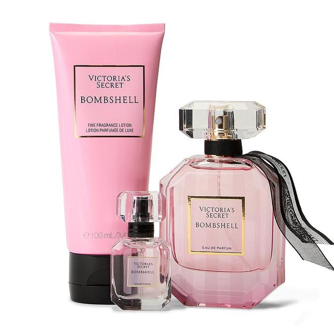 Victoria's Secret Bombshell Eau de Parfum gift set with 50ml bottle, 7.5ml travel spray and 100ml fine fragrance lotion